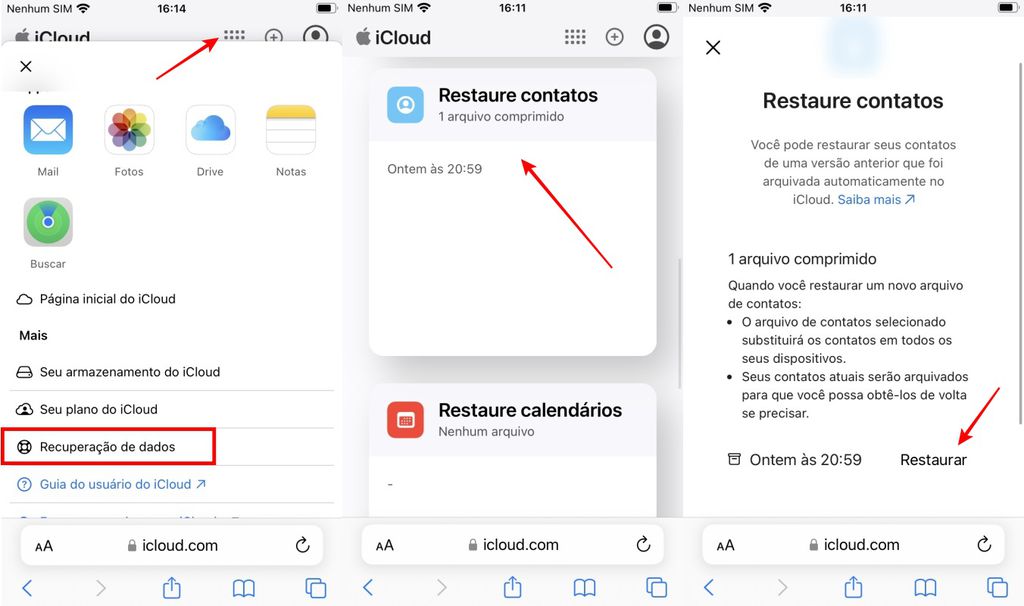 O iCloud permite resgatar contatos apagados no iOS com bastante facilidade (Imagem: Captura de tela/Fabrício Calixto/Canaltech)