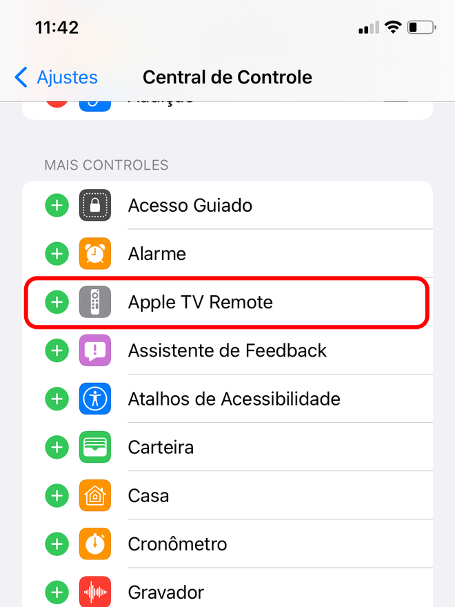 Adicione o Apple TV Remote na Central de Controle - Captura de tela: Thiago Furquim (Canaltech)