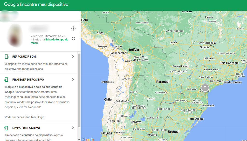 Ao rastrear celular pelo Google, você pode ver a localização do aparelho por meio do Maps (Imagem: Captura de tela/Fabrício Calixto/Canaltech)