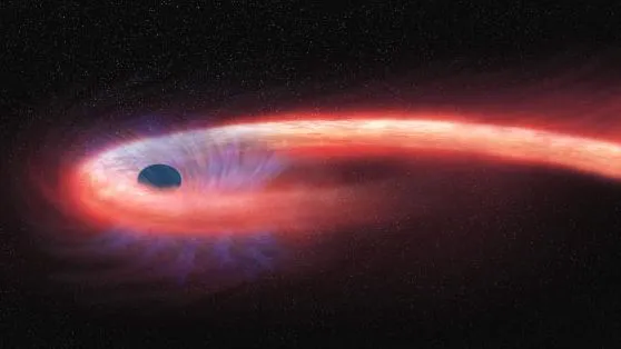 Uma pequena estrela acabou destruída após se aproximar demais do buraco negro a 665 milhões de anos-luz da Terra (Imagem: Reprodução/NASA/CXC/M. Weiss)