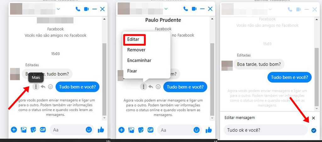 No PC, opção para editar mensagens no Messenger aparece ao lado de outros recursos como fixar ou encaminhar (Imagem: Captura de tela/Felipe Demartini/Canaltech)