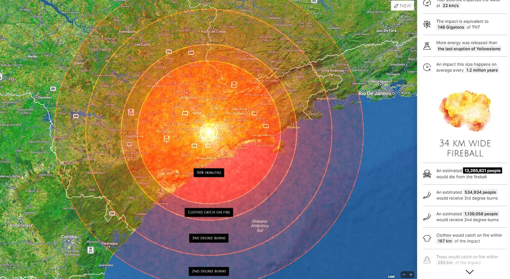 A bola de foto gigantesca e seus efeitos alcançariam até outros estados, como Rio de Janeiro e Paraná (Imagem: Reproduçã/Asteroid Launcher/Neal Agarwal)