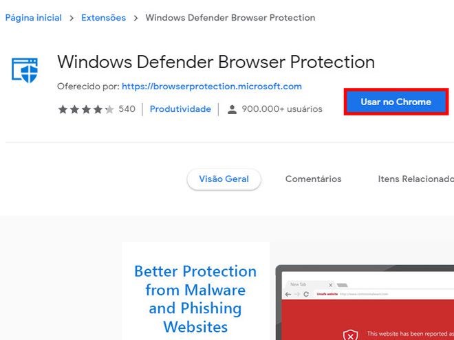 Procure pela Windows Defender Browser Protection e clique em "Usar no Chrome" (Captura de tela: Matheus Bigogno)