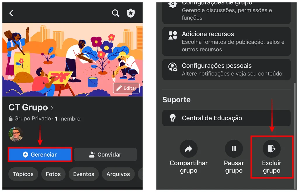 No app de celular,  selecione a opção "Gerenciar" para excluir um grupo do Facebook (Captura de tela: Caio Carvalho)