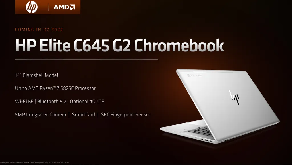 O HP Elite C645 G2 Chromebook traz design tradicional, Bluetooth 5.2, Wi-Fi 6E, leitor de digitais e porta para uso de smart cards (Imagem: AMD)
