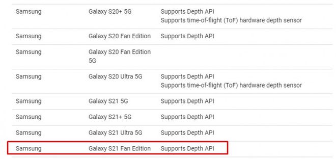 O Galaxy S21 FE foi certificado pelo Google para ter suporte robusto à RA e pode estar pronto para ser anunciado (Imagem: Reprodução/GSMArena)