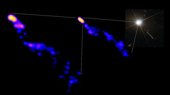 À direita, uma visão distante do quasar e seu jato. No centro, uma imagem ampliada do jato. À esquerda, a ampliação profunda inédita de um pequeno trecho do jato (Imagem: Reprodução/Hiroki Okino/Kazunori Akiyama/GMVA/ALMA/ESA/NASA)