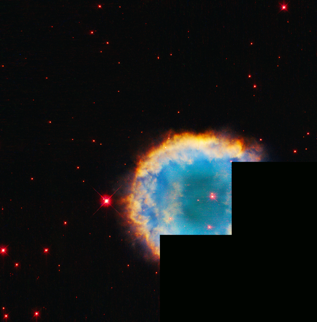 Na imagem, o azul representa o oxigênio; o hidrogênio aparece em verde; o nitrogênio, em laranja; e o vermelho indica enxofre (NASA, ESA, K. Knoll/NASA Goddard, S. Öttl/University of Innsbruck, et. al.; Gladys Kober/NASA/CUA)