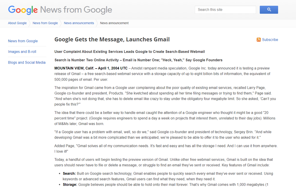 Anúncio de lançamento do Gmail em 1º de abril de 2004 (Imagem: Reprodução/Google)