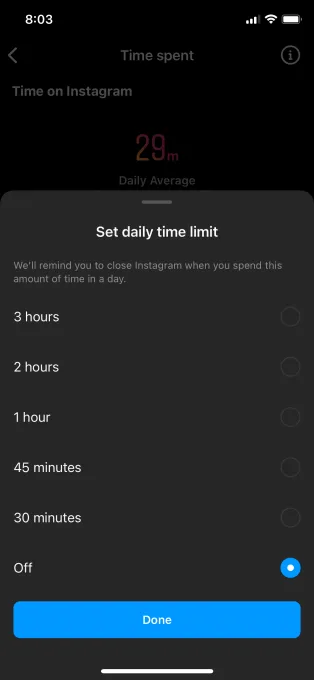 Agora o tempo mínimo do limite de uso diário do Instagram é de 30 minutos (Imagem: Reprodução/Instagram)