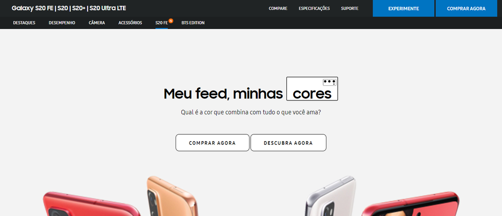 O site brasileiro da Samsung já mostra um ícone de novidade no S20 FE, mas a lista de especificações ainda aponta para uso do Exynos (Imagem: Reprodução/Samsung)