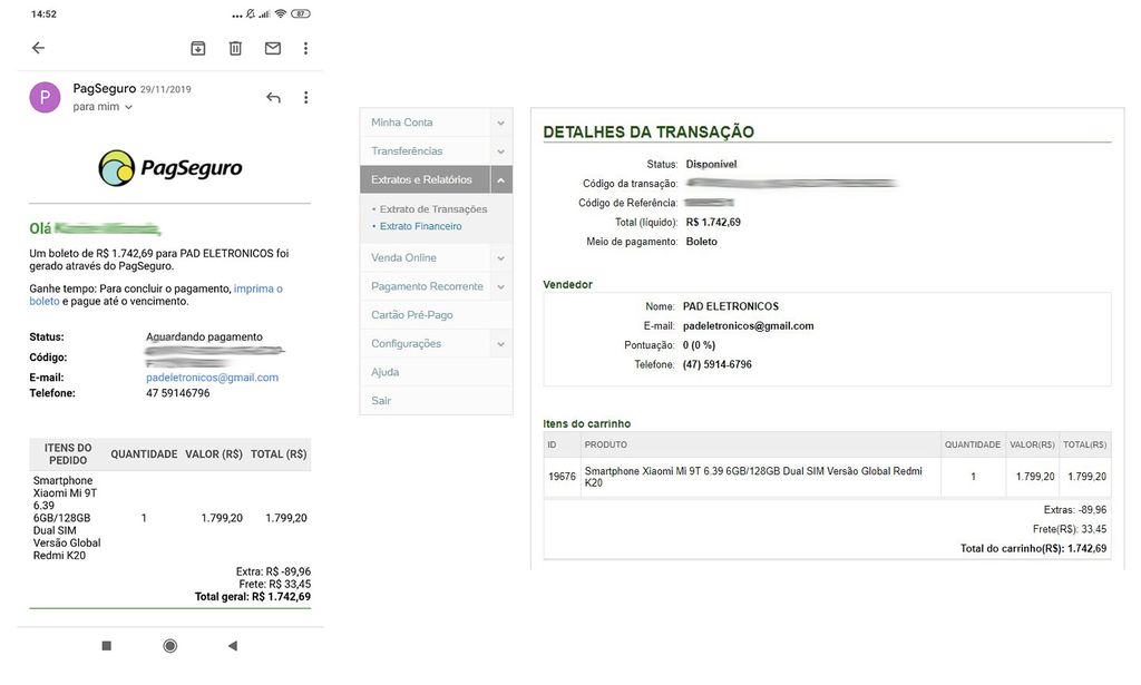 Dados da PAD Eletrônicos aparecem na transação com o PagSeguro (Captura de tela enviada ao Canaltech por comprador da MiStore Brasil)
