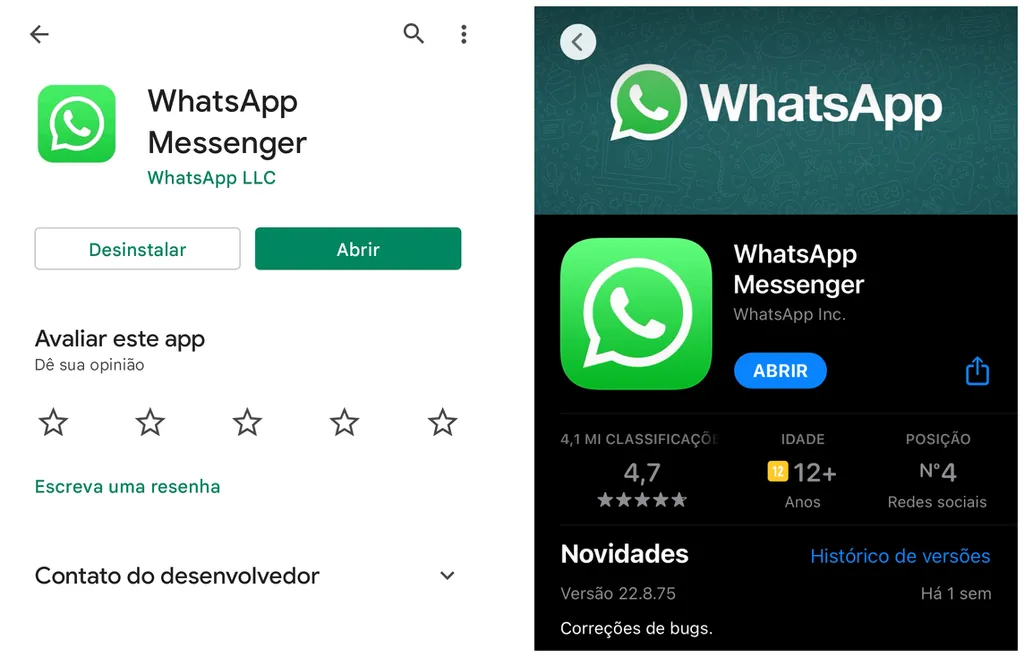 Atualizar o WhatsApp para Android (à esquerda) e iPhone (direita) pode recuperar figurinhas apagadas (Captura de tela: Caio Carvalho)