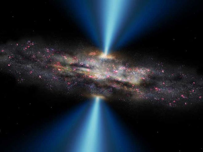 Ilustração do buraco negro CID-947, no centro de sua galáxia hospedeira. Ele tem quase 7 bilhões de vezes a massa do nosso Sol e é um dos buracos negros mais massivos já descobertos (Imagem: M. Helfenbein, Universidade de Yale / OPAC)