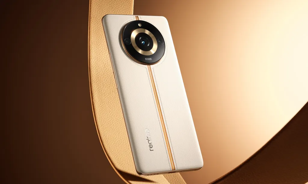 Com visual assinado por um ex-designer da Gucci, o Realme 11 Pro Plus chama atenção com o acabamento em tecido que imita couro e o enorme módulo de câmeras (Imagem: Divulgação/Realme)