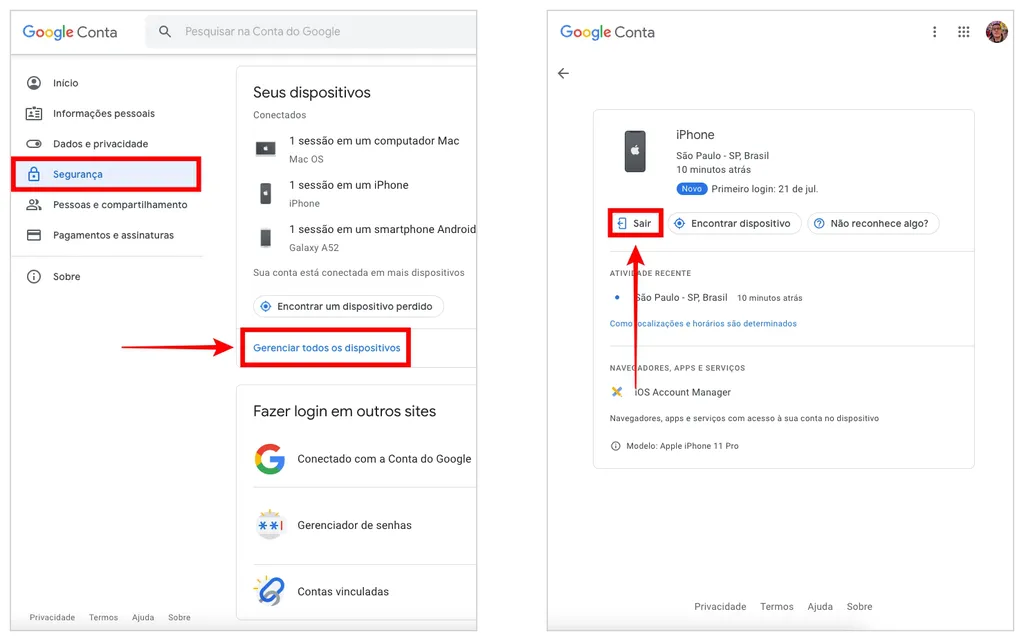 Como remover a conta Google de outros dispositivos (Captura de tela: Caio Carvalho)