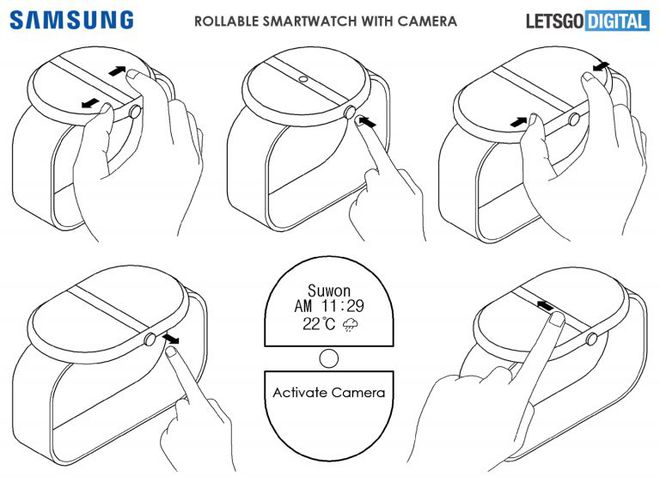 Patentes recentes sugerem que a Samsung planeja um Galaxy Watch com tela enrolável que revela uma câmera embutida (Imagem: LetsGoDigital)