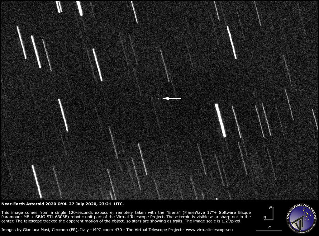 No destaque, o objeto 2020 OY4 fotografado na segunda-feira, 27 de julho (Imagem: Virtual Telescope Project)