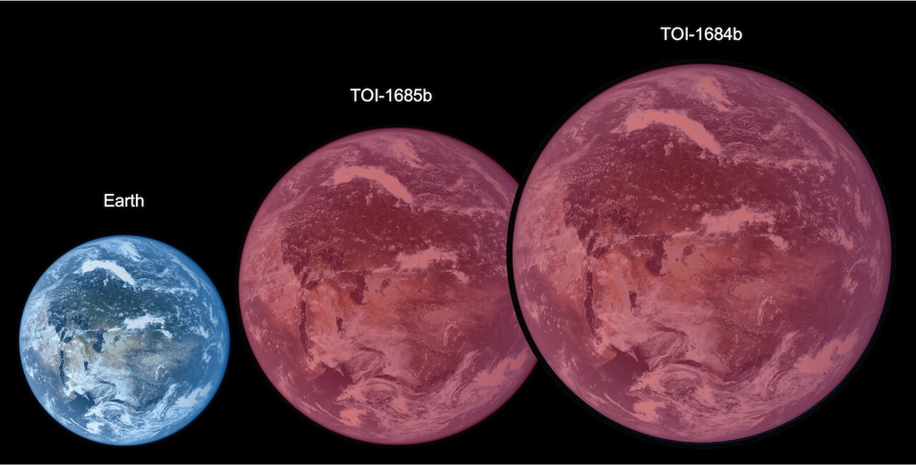Representação dos tamanhos dos planetas observados no estudo; o TOI-1634b tem raio 1,5 vezes maior que o da Terra, enquanto o TOI-1685 é 1,8 vezes maior (Imagem: Reprodução/Astrobiology Center)