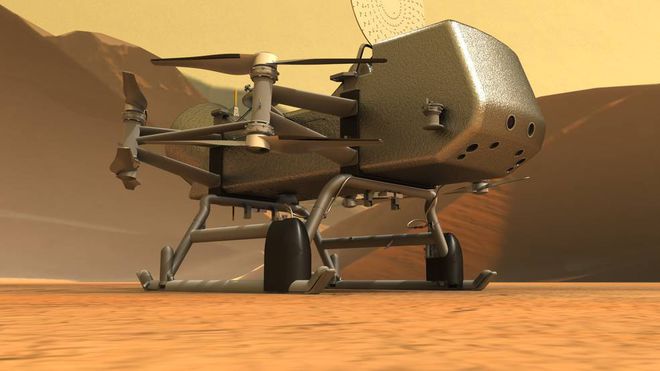 Ilustração do helicóptero que será desenvolvido pela Honeybee para a missão Dragonfly, que explorará a lua Titã em Saturno (Imagem: Reprodução/NASA)