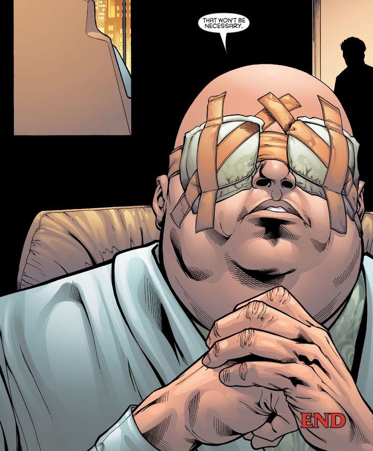 Nas HQs, apesar de levar um tiro à queima-roupa, Fisk sobrevive — mas fica cego (Imagem: Reprodução/Marvel Comics)
