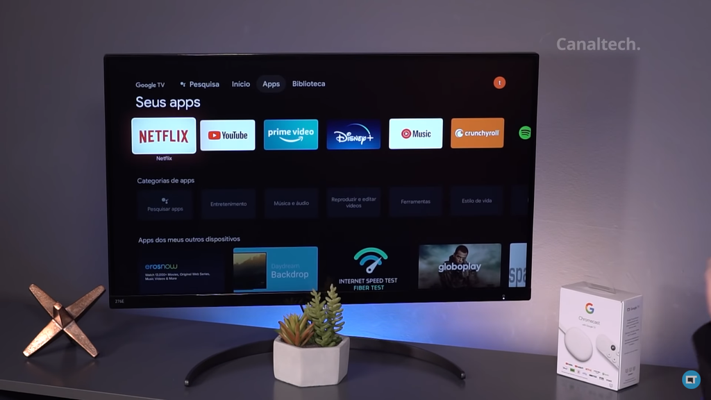 Interface do Google TV no aparelho Chromecast 4 (Reprodução/YouTube Canaltech)