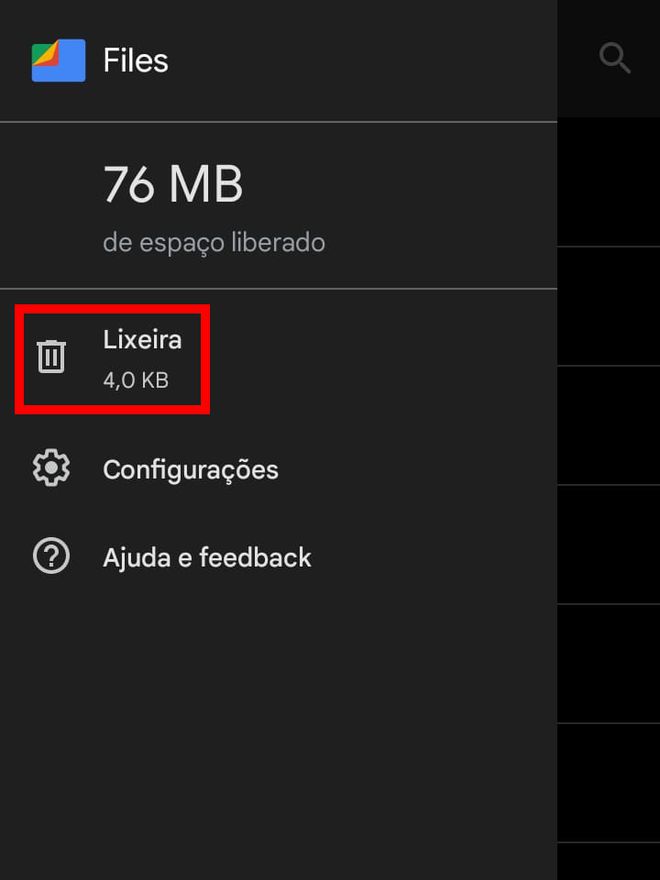 No menu aberto, selecione "Lixeira" (Captura de tela: Matheus Bigogno)