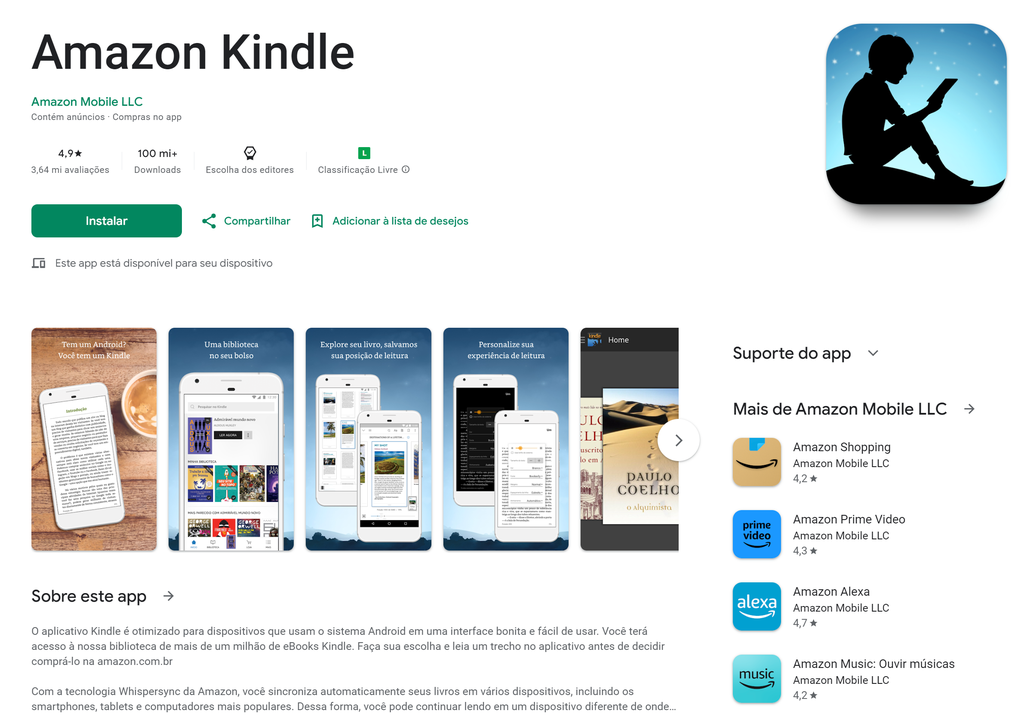 O Kindle também pode ser considerado como uma plataforma, por oferecer um app de acesso aos livros digitais para Android, iOS e PC (Imagem: Reprodução/Google Play Store)