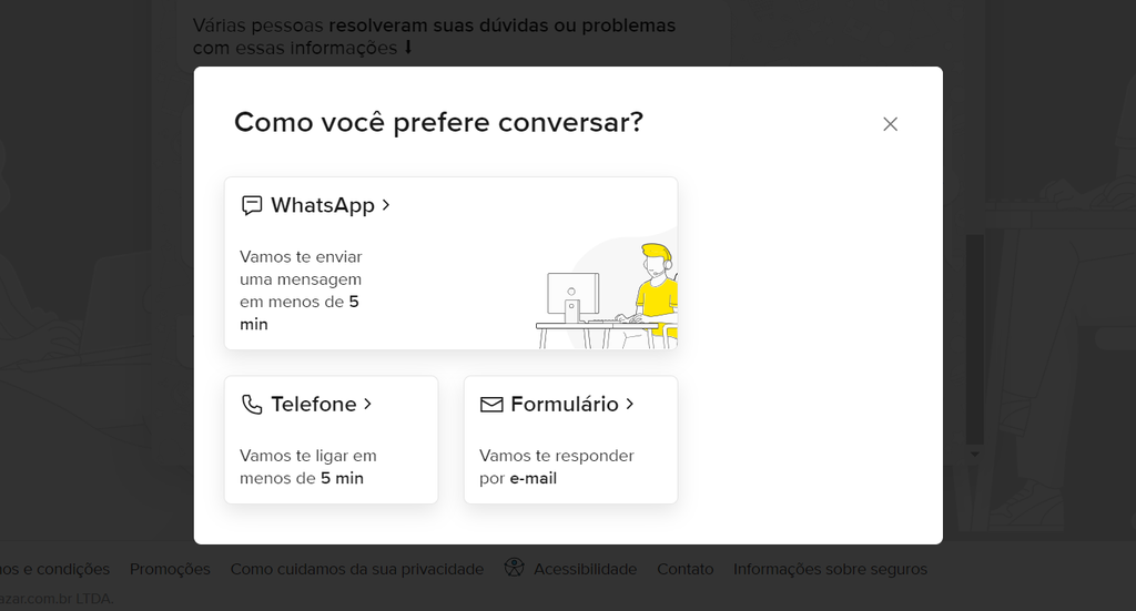 É possível solicitar contato por telefone, WhatsApp ou e-mail com o Mercado Livre (Imagem: Captura de tela/Guilherme Haas/Canaltech) 