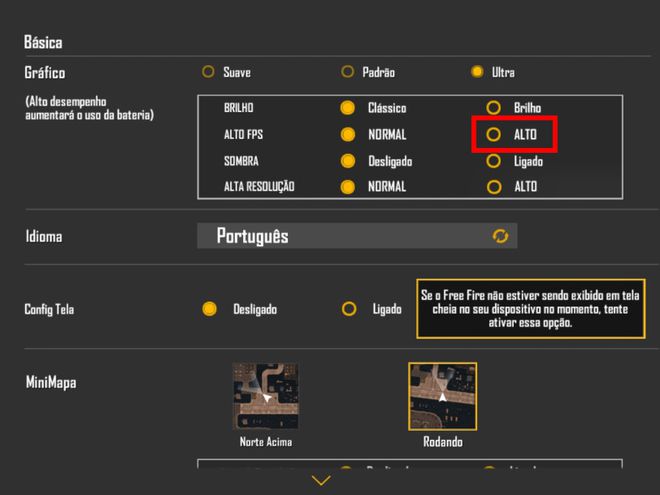 Localize a opção "Alto FPS" e selecione o item "Alto" (Captura de tela: Matheus Bigogno)