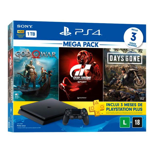 Console Sony PlayStation 4 Mega Pack 12, 1TB, Gran Turismo Sport + God Of War + Days Gone - CUH-2214B [BOLETO]