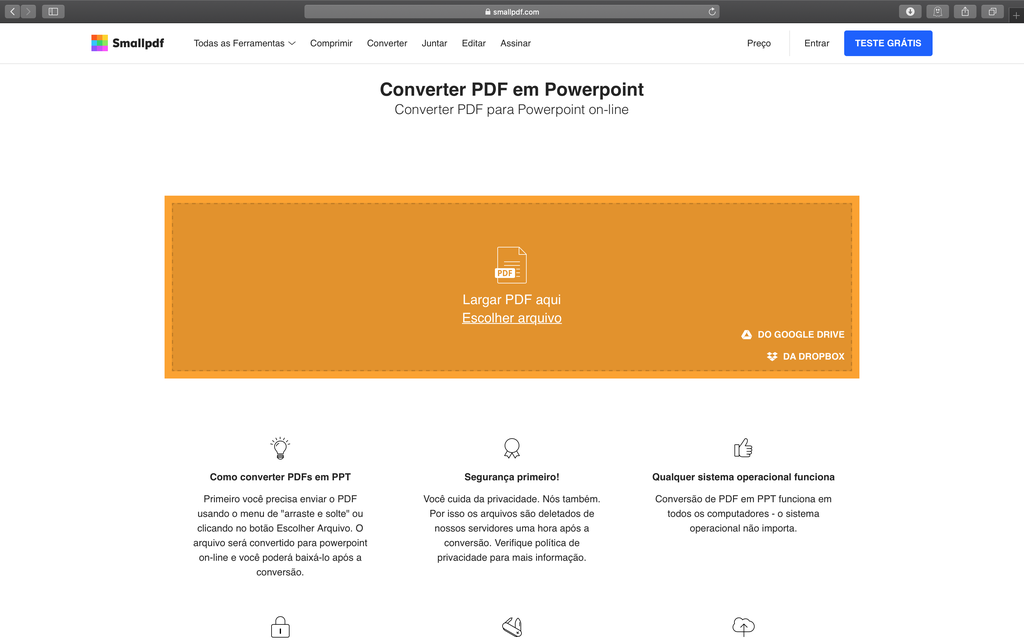 SmallPDF: Escolha um arquivo em PDF para editar / Captura de tela: Bruno Salutes