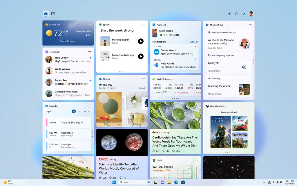 Os novos widgets do Windows 11 oferecem informações rápidas sem precisar abrir o app (Imagem: Reprodução/Microsoft)