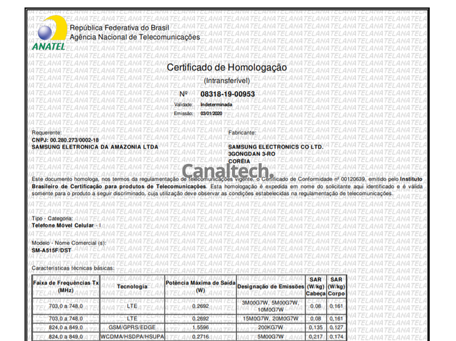 Certificado de homologação do Galaxy A51 (Foto: Reprodução/Anatel)