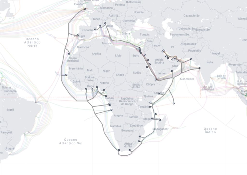 2Africa é o cabo mais longo, com mais de 45 mil quilômetros (Imagem: Captura de tela/Submarine Cable Map)