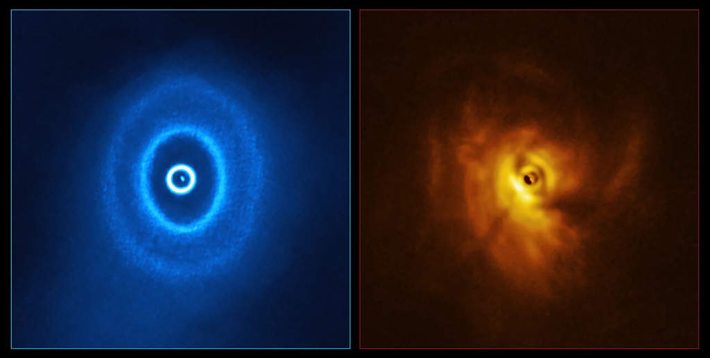 À esquerda, a estrutura do anel do disco, com o mais interno separado do restante; já na direita, está a imagem com a sombra do anel mais interno (Imagem: Reprodução/ESO/L. Calçada, Exeter/Kraus et al.)