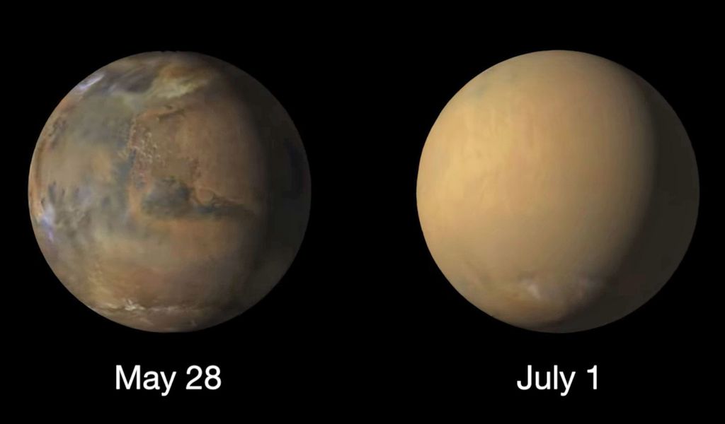 Visão de Marte antes e durante a tempestade que pode ter acabado com a "vida" do Opportunity