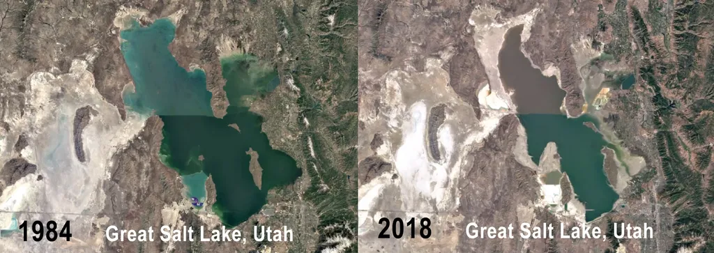 Comparação de volume do Grande Lago Salgado entre 1984 e 2018 (Imagem: Benjamin J. Burger/Wikimedia Commons)