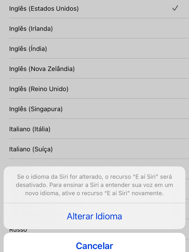 Selecione para qual idioma deseja alterar a voz da Siri. Captura de tela: Lucas Wetten (Canaltech)