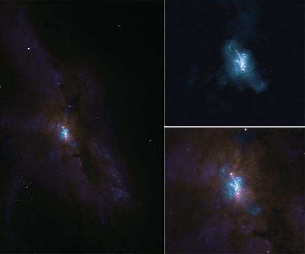 A galáxia NGC 6240 observada pelo ALMA (acima) e pelo Telescópio Espacial Hubble (abaixo). Na imagem do ALMA, o gás molecular é azul e os buracos negros são os pontos vermelhos. 