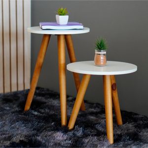 Conjunto de Mesinha Lateral Redonda Madeira Retro