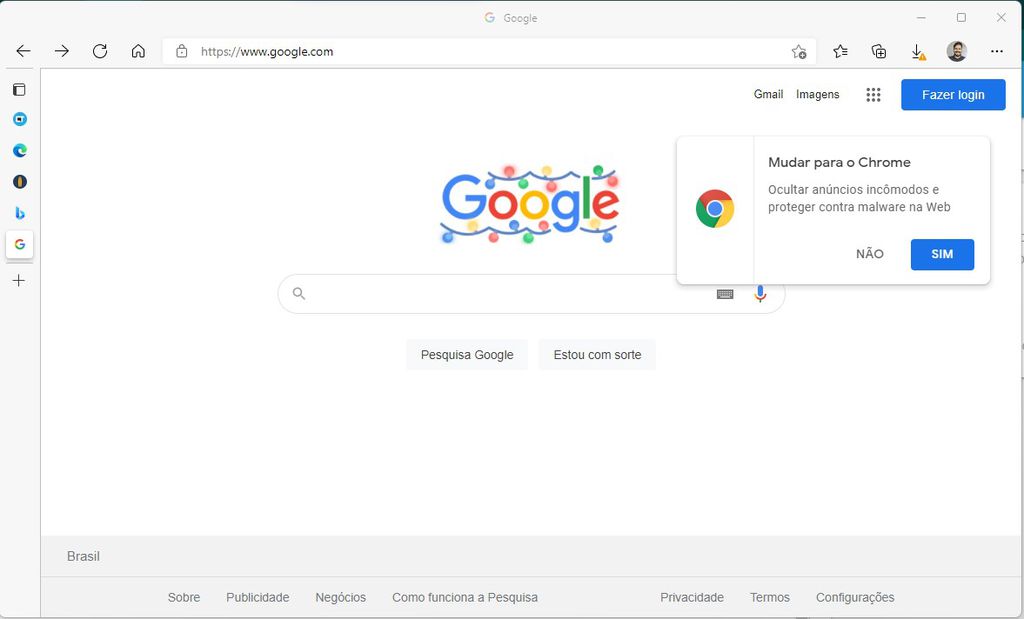 O Google também exibe mensagens para fazer a pessoa mudar para o Chrome (Imagem: Captura de tela/Canaltech)