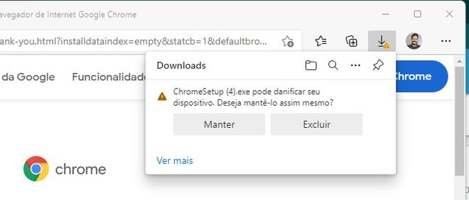 Mensagem do Edge diz que instalar o Chrome pode danificar seu computador (Imagem: Alveni Lisboa/Canaltech)