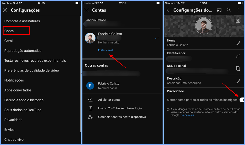 É possível aumentar o nível de privacidade da sua conta no YouTube para se livrar de stalkers (Imagem: Captura de tela/Fabrício Calixto/Canaltech)