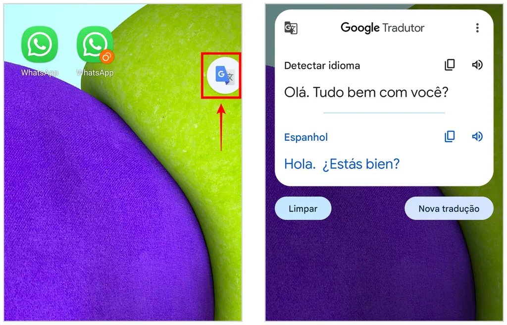 Ícone flutuante do Google Tradutor permite traduzir textos dentro e fora do WhatsApp (Captura de tela: Caio Carvalho)