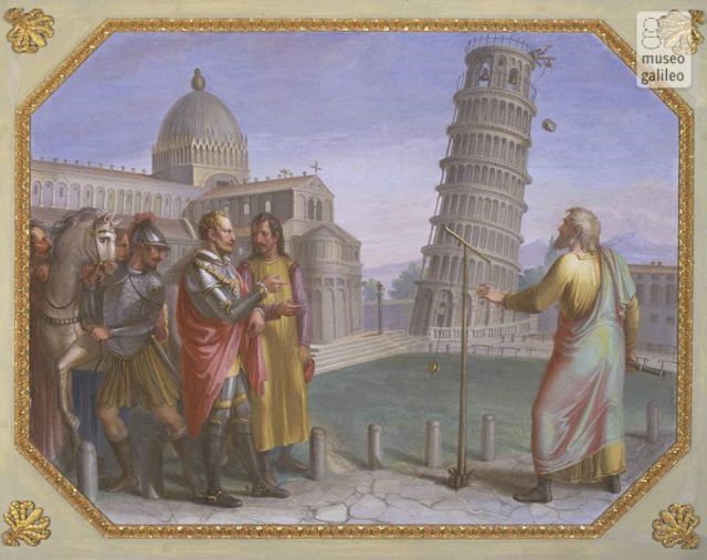 O astrônomo Galileu Galilei, considerado o pai da ciência moderna, realiza a famosa experiência da queda dos corpos na Torre de Pisa, em pintura de Luigi Catani, datada de 1816. O experimento provou que dois corpos de massas diferentes sempre cairão na mesma velocidade. O princípio da gravidade é fundamental na astronomia.