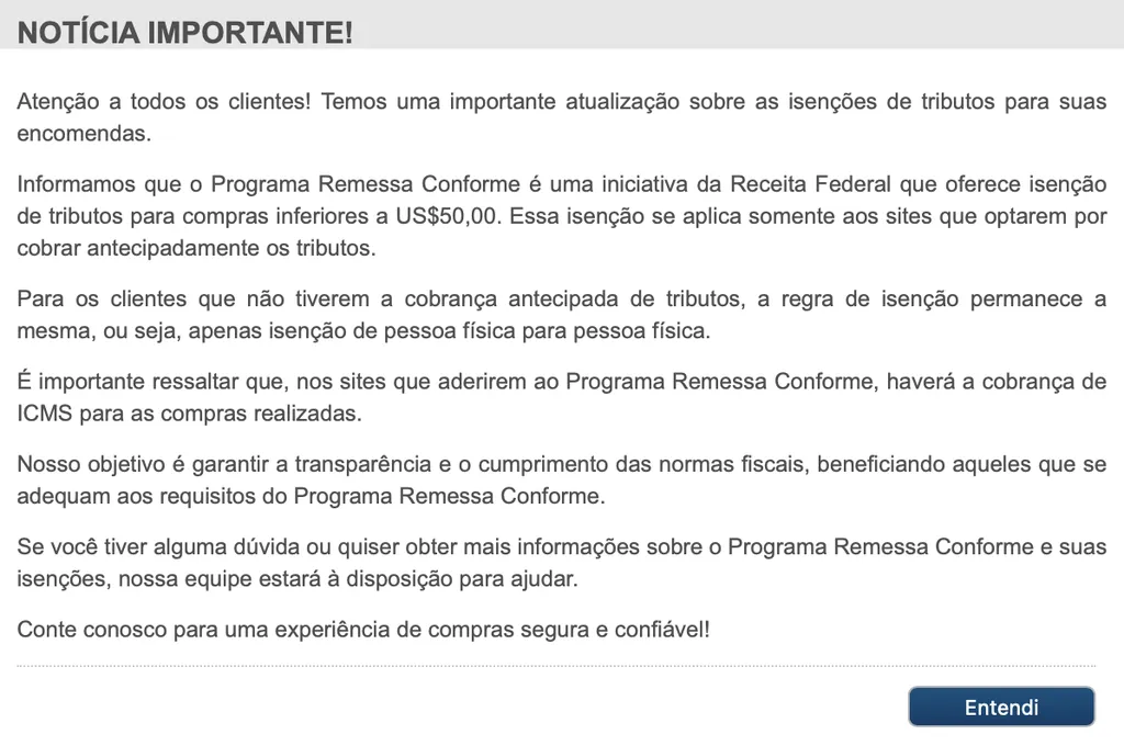 A notificação do Correios informa consumidores sobre isenção de compras do Programa Remessa Conforme (Imagem: Captura de tela/Canaltech)