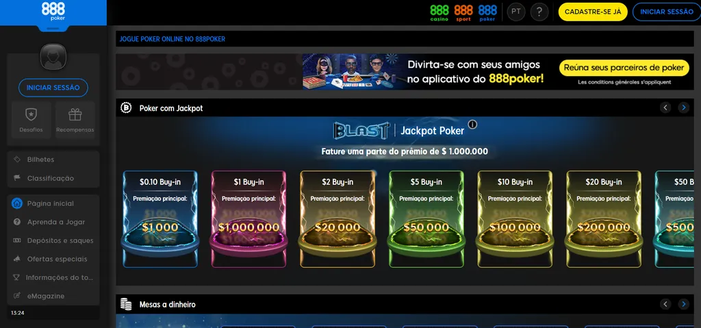 Você pode jogar online grátis no 888 Poker em diversas salas e modos (Imagem: Reprodução/888 Poker)