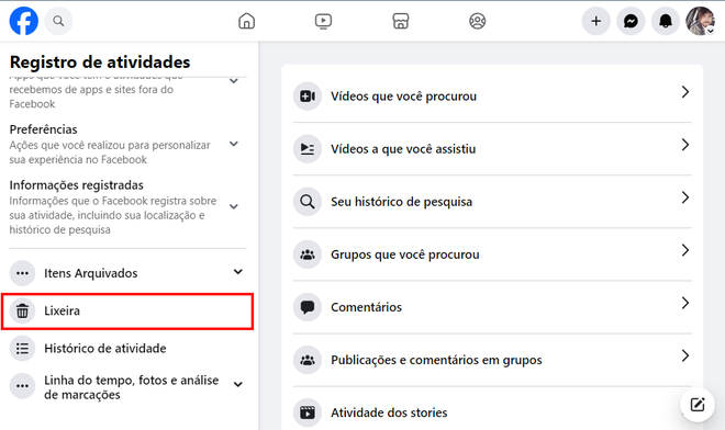 Acessar a lixeira do Facebook pelo computador requer somente alguns cliques (Imagem: Captura de tela/Fabrício Calixto/Canaltech)