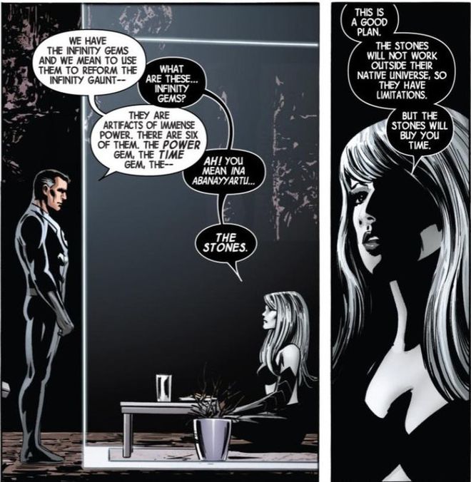 Em uma história recente nos quadrinhos, uma personagem interdimensional explica ao Senhor Fantástico que as joias não funcionam fora de sua realidade (Imagem: Reprodução/Marvel Comics)